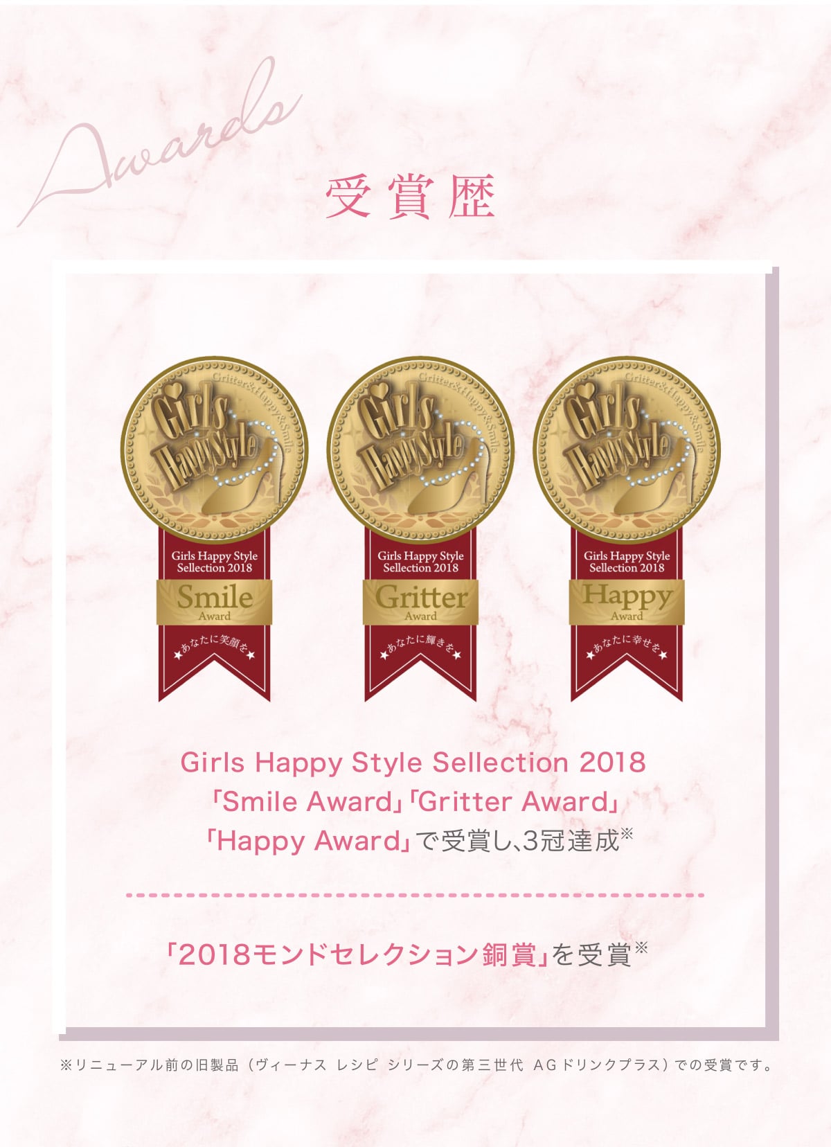 【受賞歴】Girls Happy Style Sellection 2018「Smile Award」「Gritter Award」「Happy Award」で受賞し、3冠達成※　「2018モンドセレクション銅賞」を受賞※　※リニューアル前の旧製品(ヴィーナスレシピシリーズの第三世代AGドリンクプラス)での受賞です。