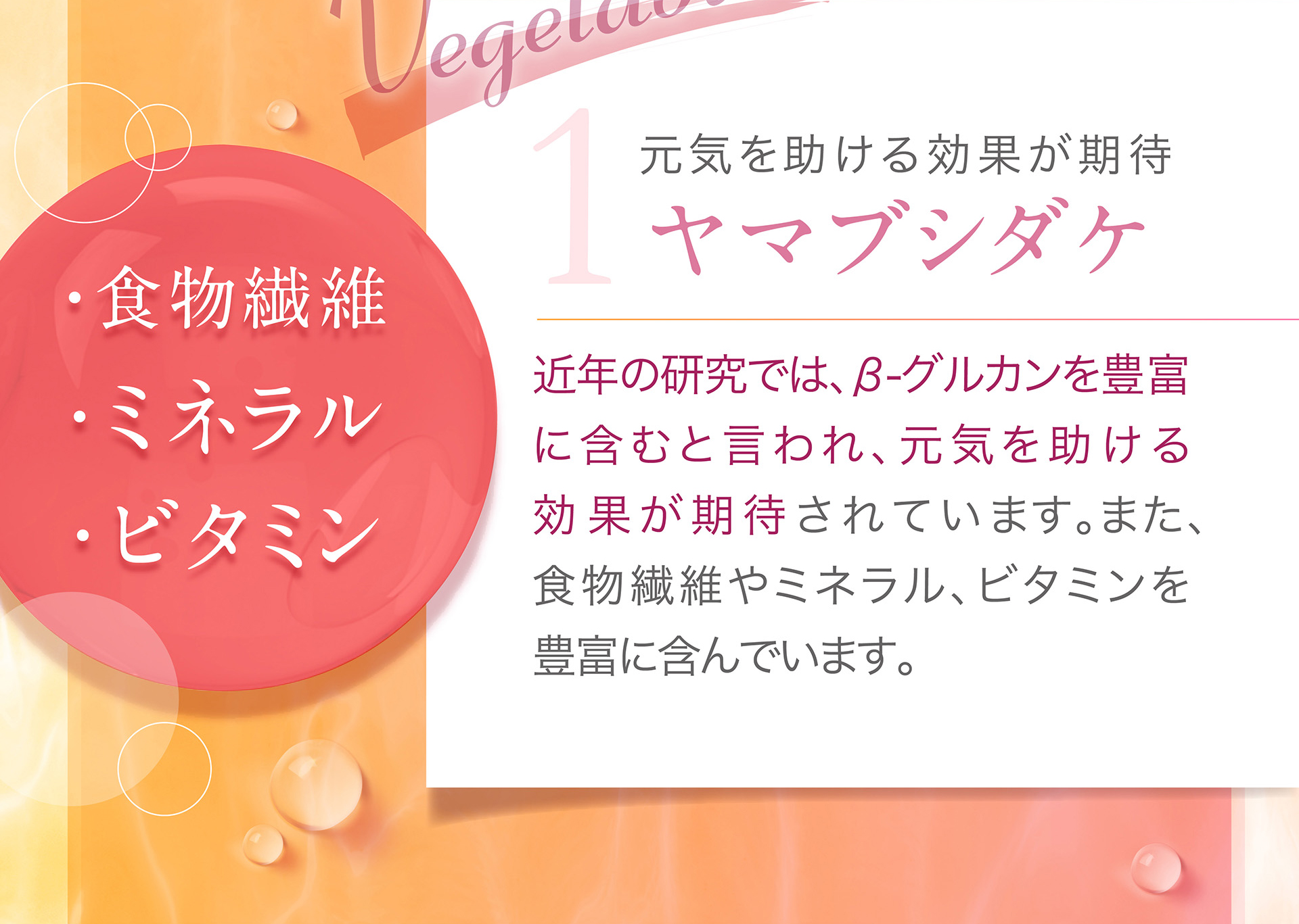 1：ヤマブシタケ→近年の研究では、β-グルカンを豊富に含むと言われ、元気を助ける効果が期待されています。また、食物繊維やミネラル、ビタミンを豊富に含んでいます。