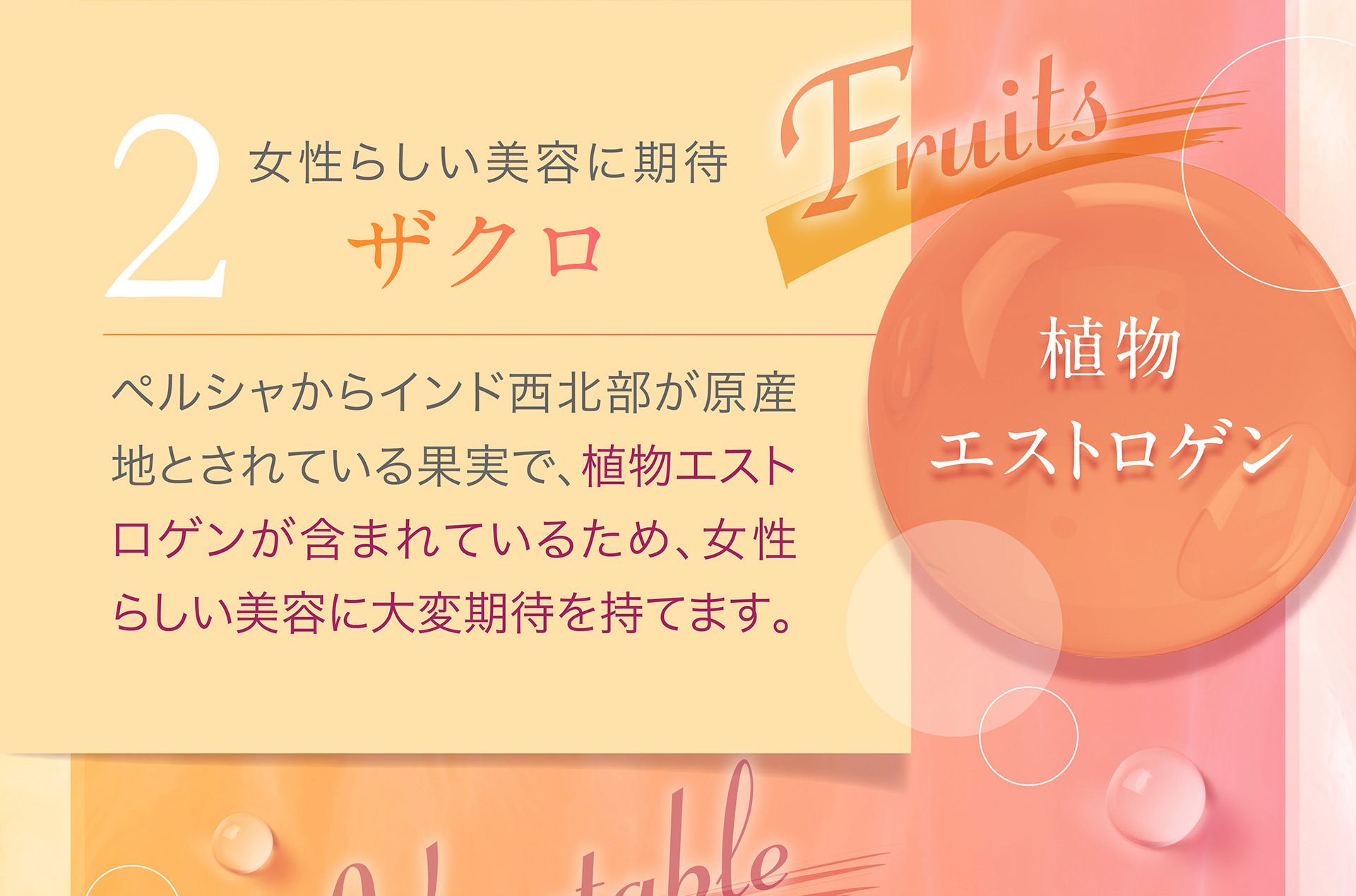 2：ザクロ→ペルシャからインド西北部が原産地とされている果実で、植物エストロゲンが含まれているため、女性らしい美容に大変期待を持てます。