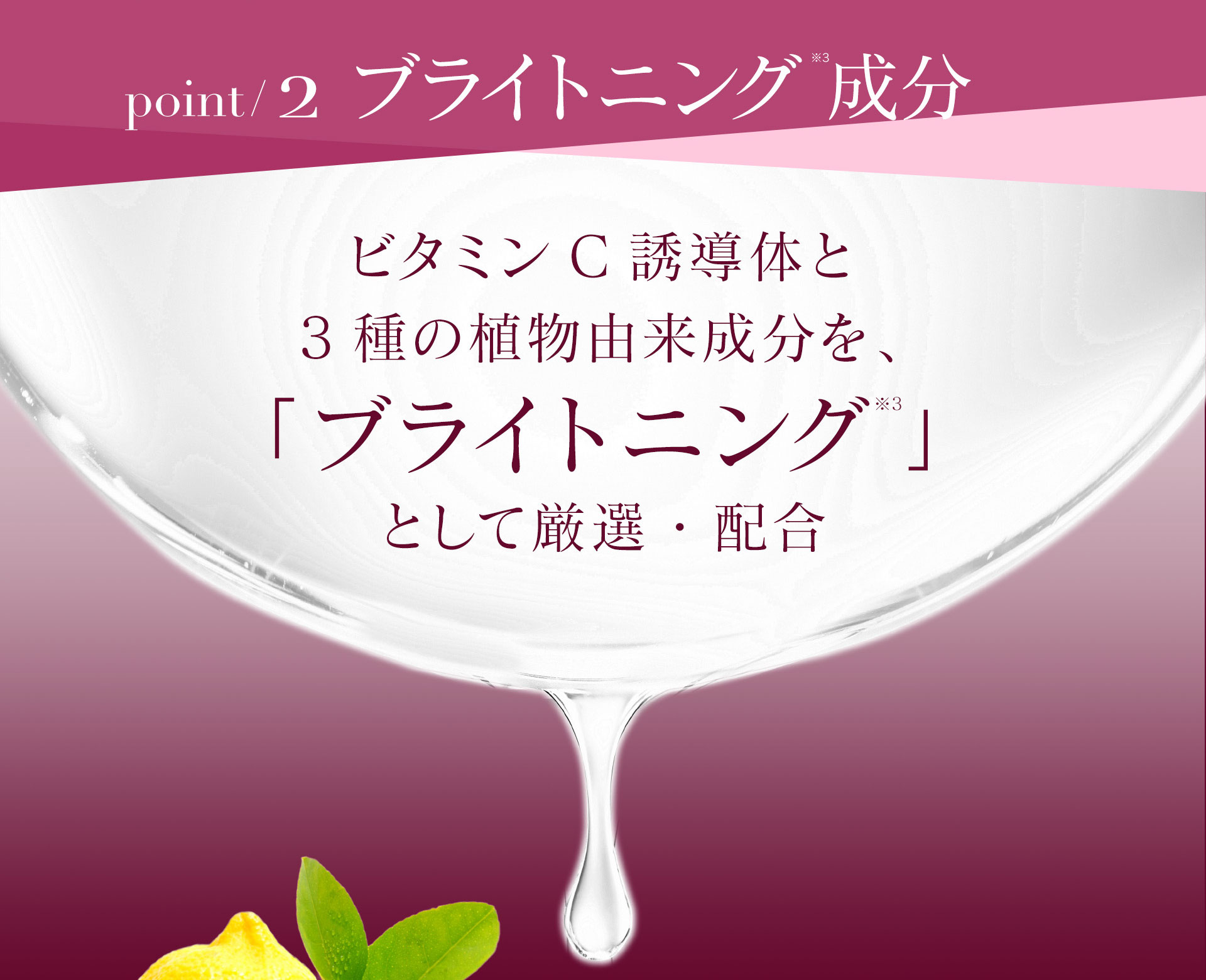 【POINT2】ビタミンC誘導体と3種の植物由来成分を、「ブライトニング」として厳選・配合