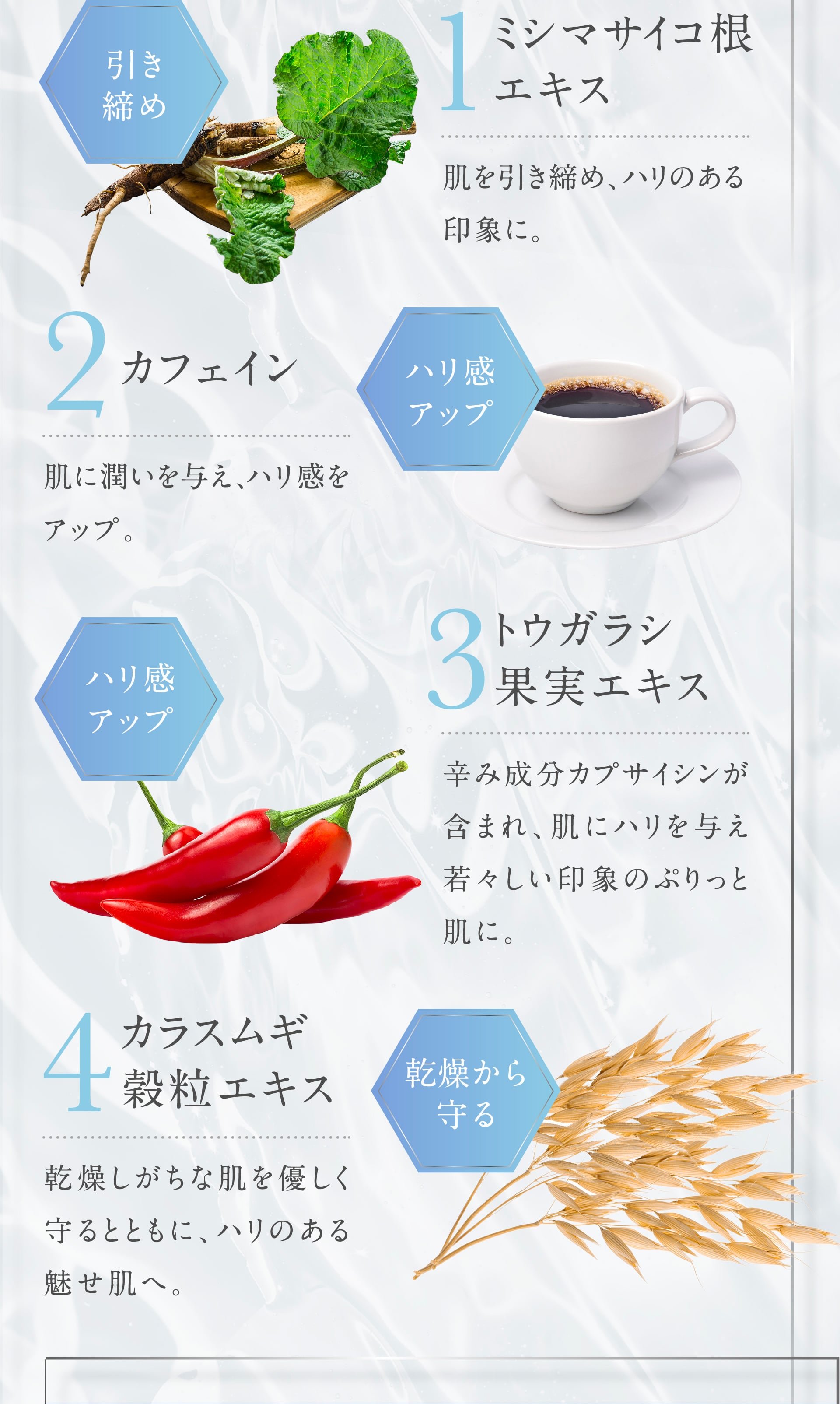 引き締め「ミシマサイコ根エキス」　ハリ感アップ「カフェイン」　ハリ感アップ「トウガラシ果実エキス」　乾燥から守る「カラスムギ穀粒エキス」