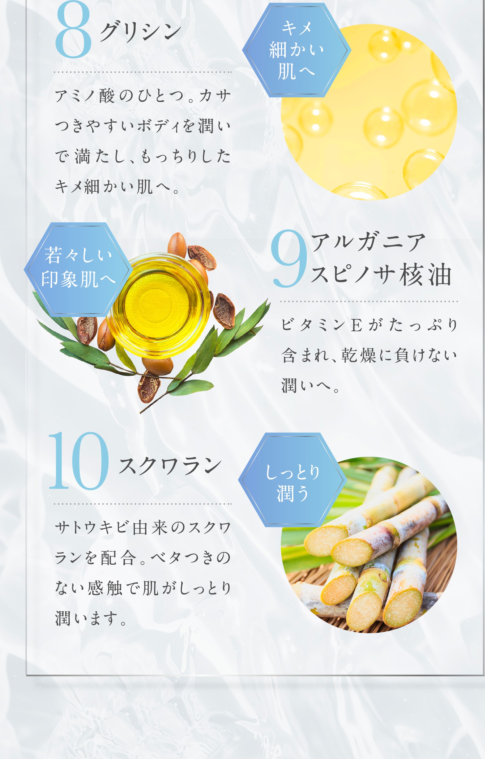 キメ細かい肌へ「グリシン」　若々しい印象肌へ「アルガニアスピノサ核油」　しっとり潤う「スクワラン」