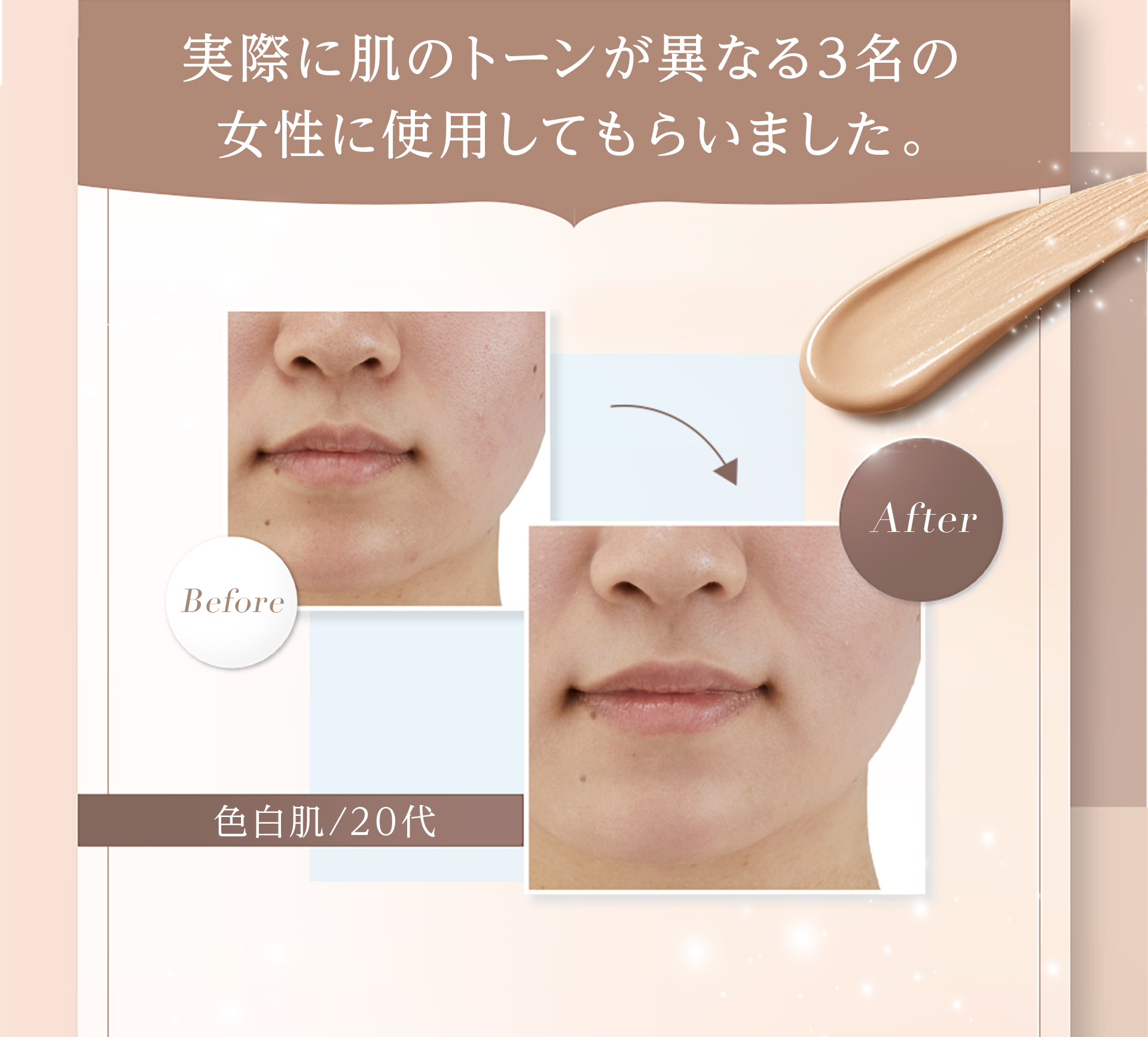実際い肌のトーンが異なる3名の女性に使用してもらいました。　色白肌/20代　Before→After