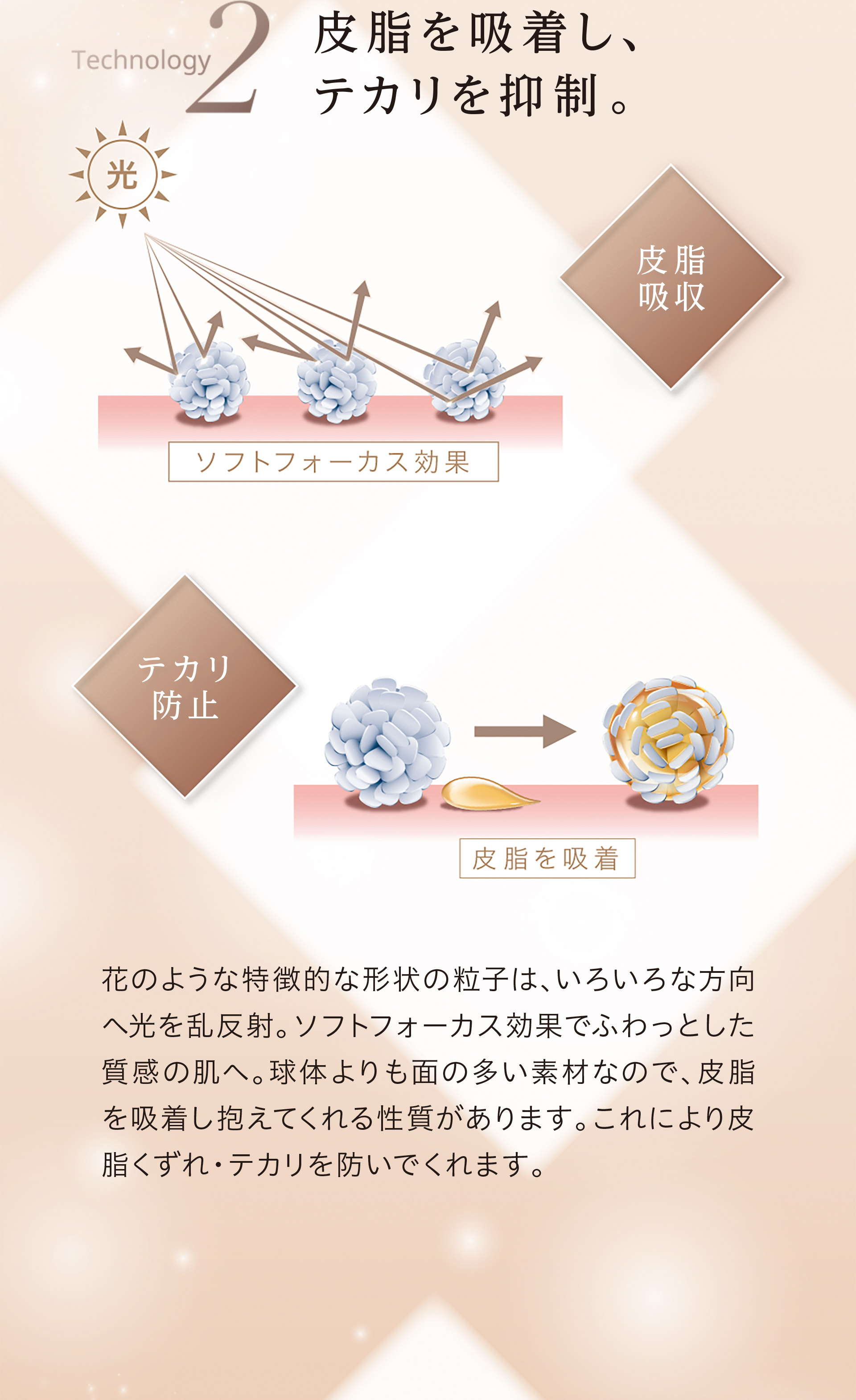 【Trchnology2：皮脂を吸着し。テカリを抑制。】花のような特徴的な形状の粒子は、いろいろな方向へ光を乱反射。ソフトフォーカス効果でふわっとした質感の肌へ。球体よりも面の多い素材なので、皮脂を吸着し抱えてくれる性質があります。これにより皮脂くずれ・テカリを防いでくれます。