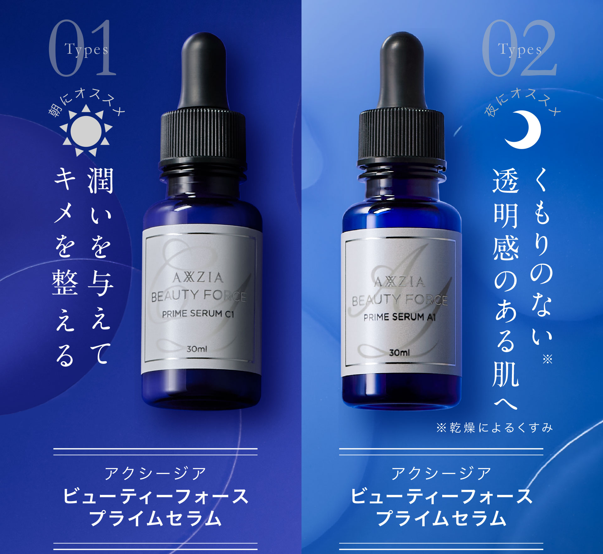 01（朝にオススメ）潤いを与えてキメを整える／アクシージア ビューティーフォース プライムセラム C1、02（夜にオススメ）くもりのない透明感のある肌へ／アクシージアビューティーフォース プライムセラム A1