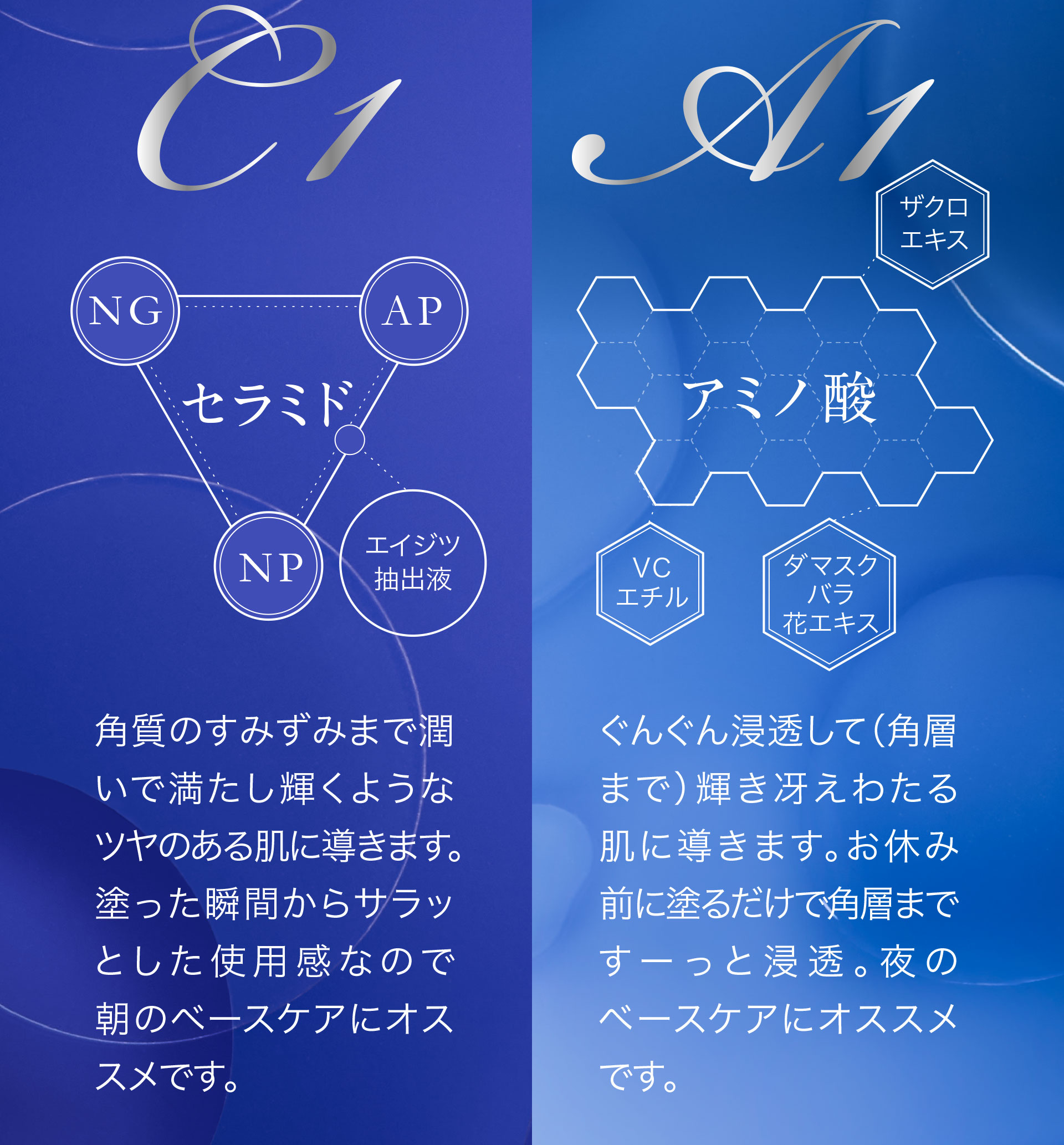 C1：セラミド（NG、AP、NP、エイジツ抽出液）、A1：アミノ酸（ザクロエキス、VCエチル、ダマスクバラ花エキス