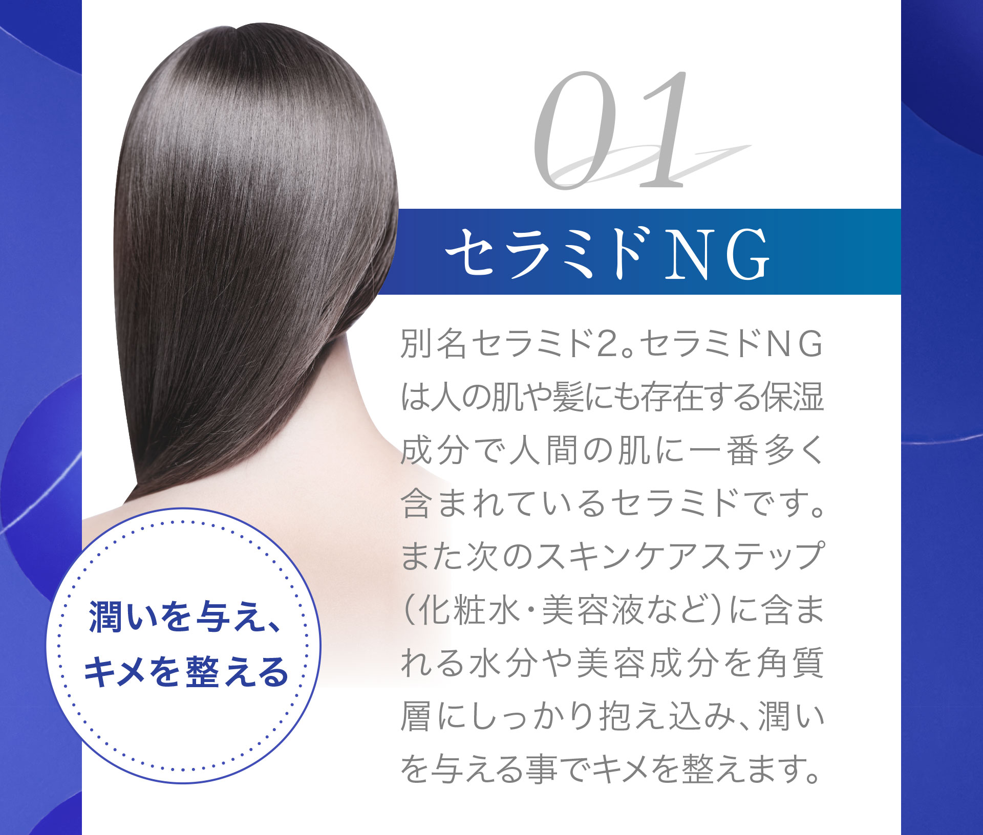 01＜セラミドNG＞潤いを与え、キメを整える