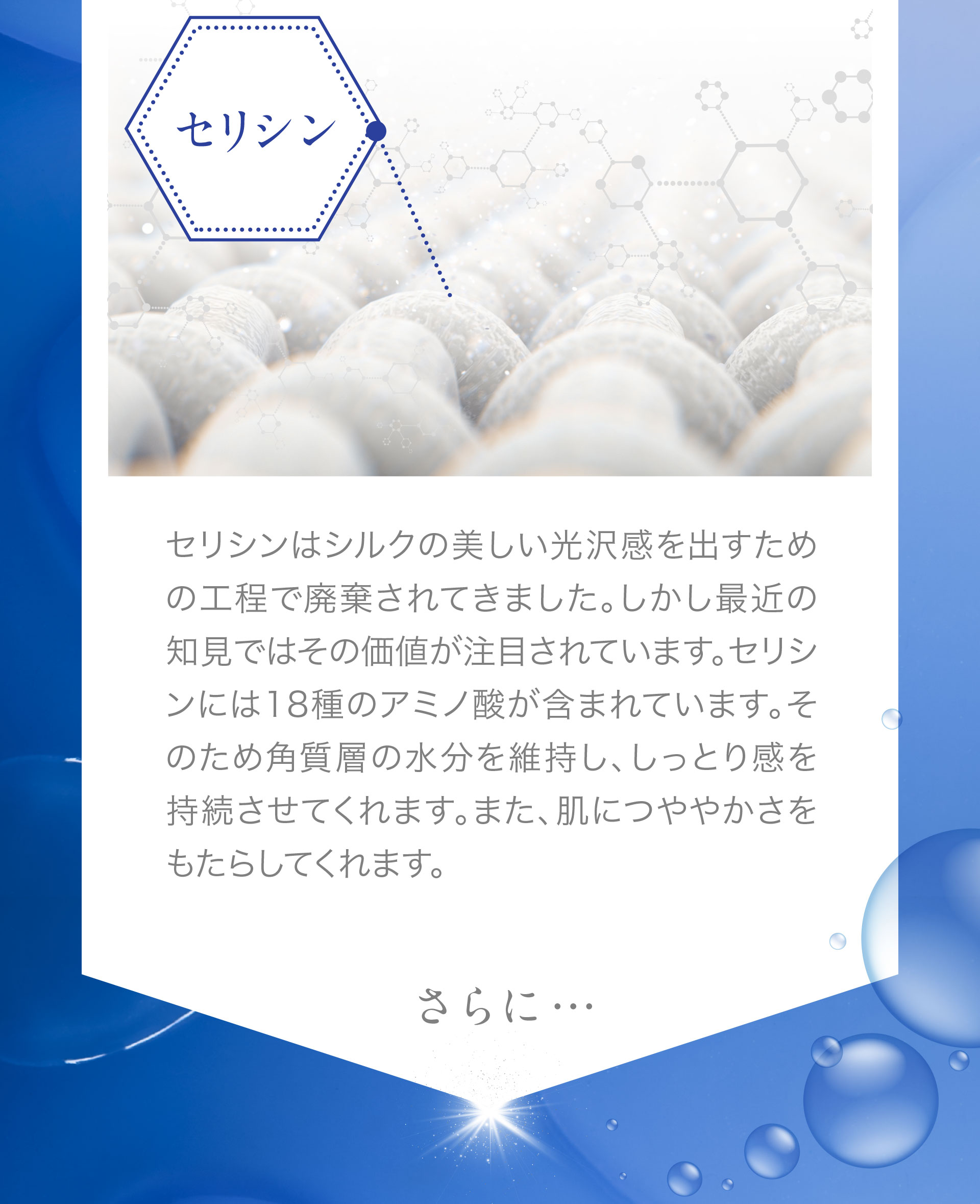 ＜セリシン＞セリシンはシルクの美しい光沢感を出すための工程で廃棄されてきました。しかし最近の知見ではその価値が注目されています。