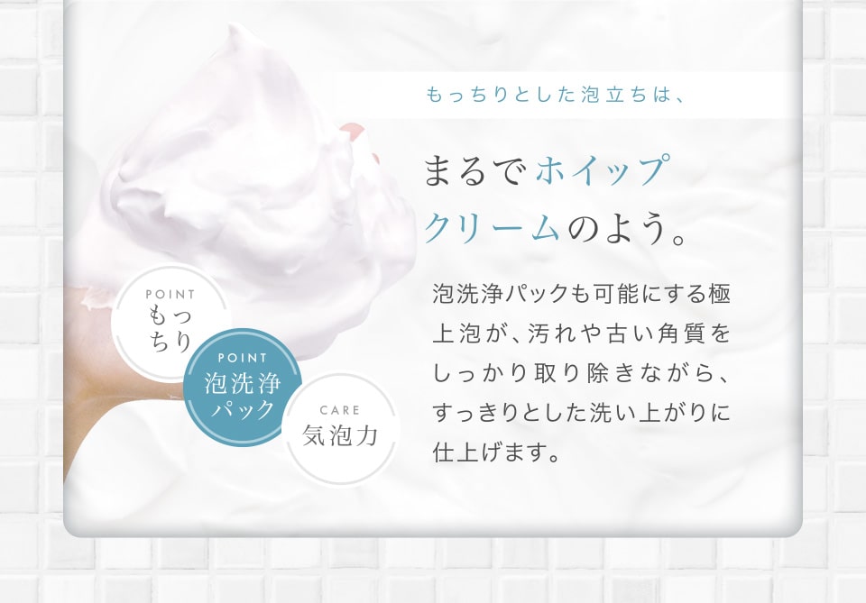 もっちりとした泡立ちは、まるでホイップクリームのよう。もっちり、泡洗浄パック、気泡力