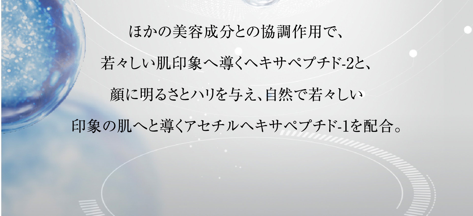 ほかの美容成分との協調作用で、若々しい肌印象へ導くヘキサペプチド-2と、顔に明るさとハリを与え、自然で若々しい印象の肌へと導くアセチルヘキサペプチド-1を配合。
