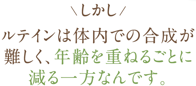  しかしルテインは体内での合成が難しく、年齢を重ねるごとに減る一方なんです。