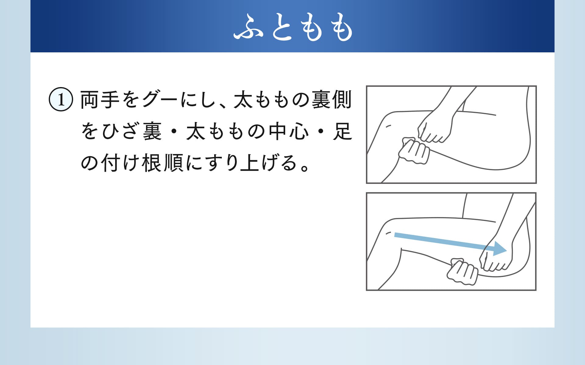 【使用方法：ふともも】両手をグーにし、太ももの裏側をひざ裏・太ももの中心・足の付け根順にすり上げる。