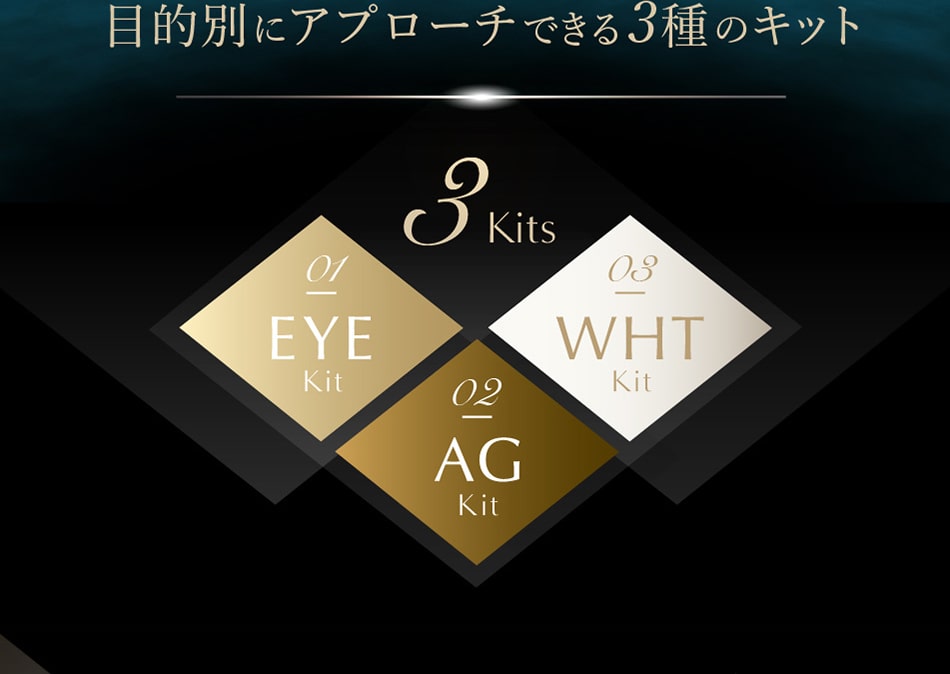 目的別にアプローチできる3種のキット (01)EYE Kit (02)AG Kit (03)WHT Kit