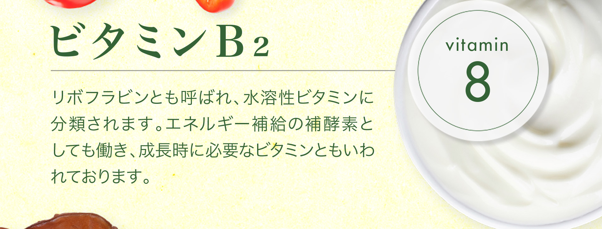 【vitamin8　ビタミンＢ?】リボフラビンとも呼ばれ、水溶性ビタミンに 分類されます。エネルギー補給の補酵素と しても働き、成長時に必要なビタミンともいわれております。 