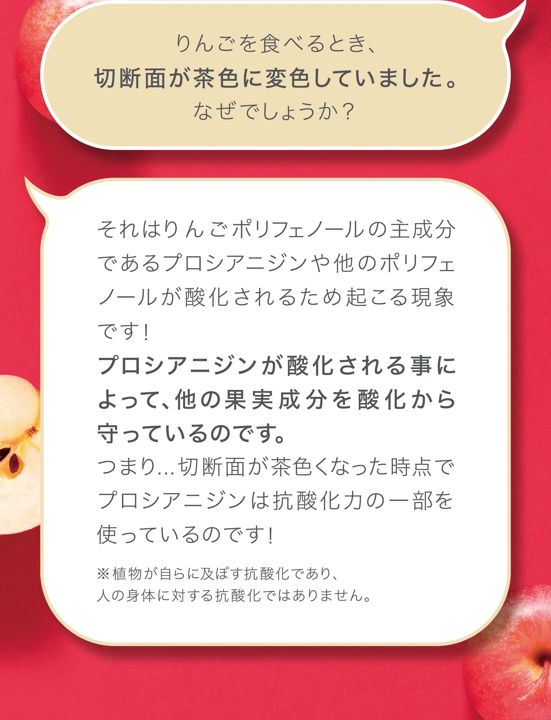 Q.りんごの断面が茶色に変色するのはなぜ？　A.プロシアニジンが酸化されることによって、他の果実成分を酸化から守っているため